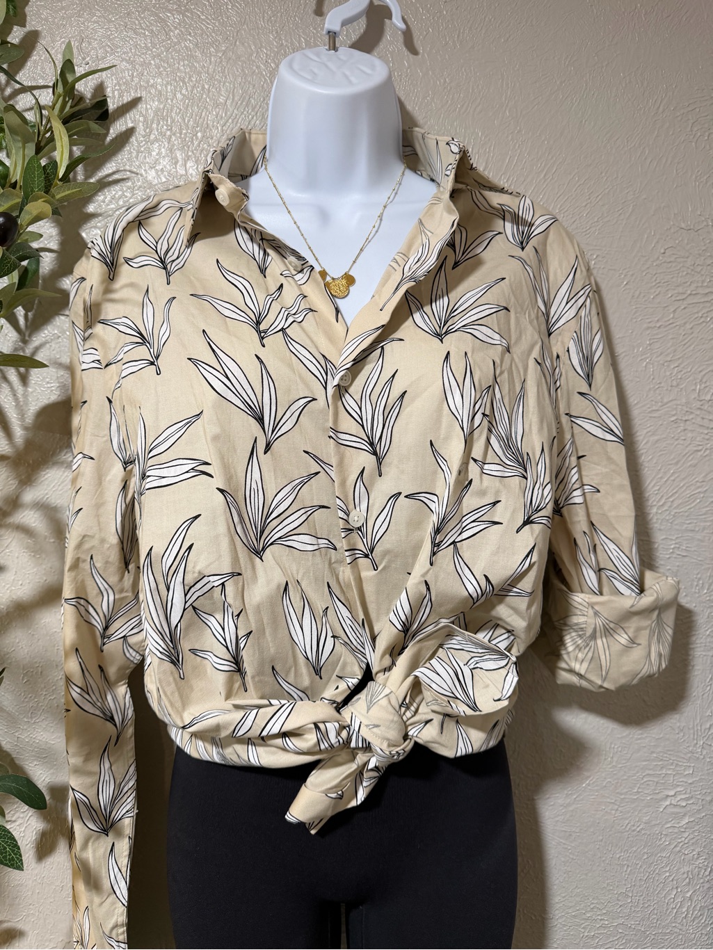 Express Cream Shirt With Black & White Leaf Print
